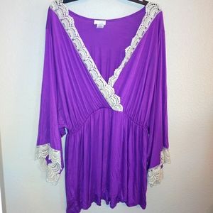 Purple lace detail deep v neck tunic top plus size blouse boho crochet lace 2xl